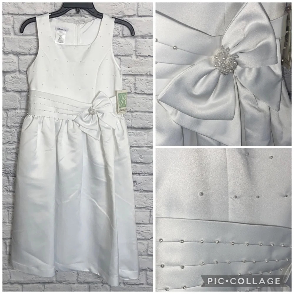 Bonnie Jean Girl's 12 1/2 White Pearl and Bow Layered Formal Dress